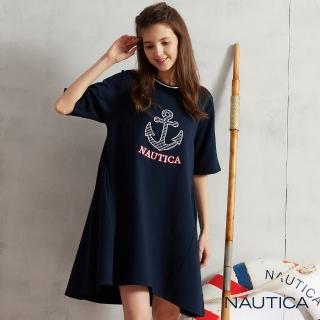 【NAUTICA】女裝圓領散狀剪裁五分袖洋裝(深藍)