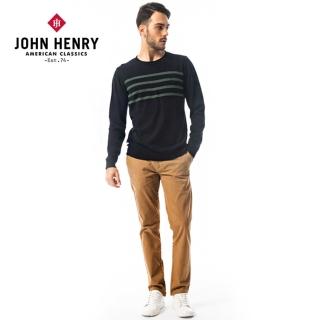 【JOHN HENRY】刺繡logo條紋長袖毛衣-黑色