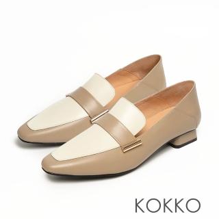 【KOKKO 集團】素面方頭全真皮懶人樂福粗跟鞋(灰X白)