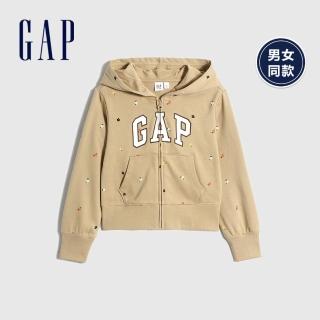 【GAP】童裝 碳素軟磨 法式圈織系列 Logo印花落肩袖連帽休閒外套 男女同款(838330-卡其色)