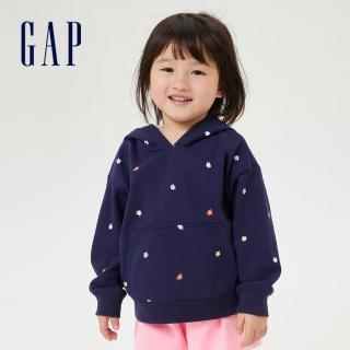 【GAP】女幼童 碳素軟磨 法式圈織系列 趣味印花柔軟連帽休閒上衣(809047-海軍藍)