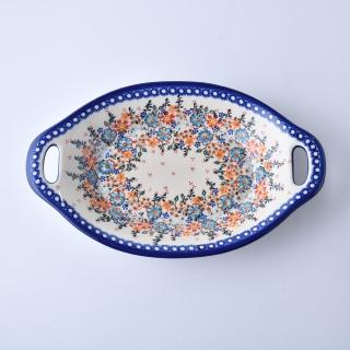 【波蘭陶】蔚藍橙光系列 雙耳長形深餐盤 32.5cm 波蘭手工製
