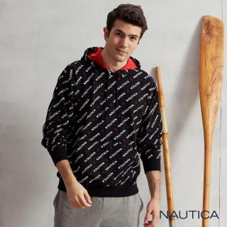 【NAUTICA】男裝滿版LOGO長袖連帽T恤(黑)