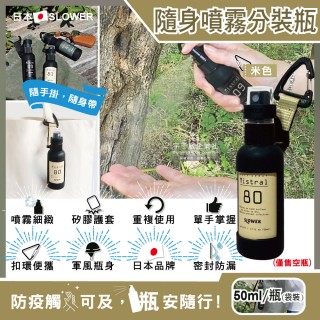 【日本SLOWER】戶外防疫密封防漏噴霧隨身瓶-米色50ml/瓶(矽膠護套附扣環 可分裝酒精 乾洗手 防蚊液)