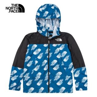 【The North Face】北面兒童藍色滿版LOGO防風防潑水連帽外套｜7QKJ5Q3