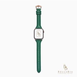 【BellaBia】Apple Watch 7/6/5/4/3/SE 38/40/41/42/44/45mm 女人珍藏系列(松珍綠/玫瑰金釦 真皮 錶帶)
