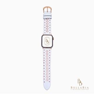 【BellaBia】Apple Watch 7/6/5/4/3/SE 38/40/41/42/44/45mm 經典鉚釘系列真皮錶帶(白色/玫瑰金扣)