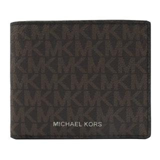 【Michael Kors】經典滿版MK印花拼接雙層4卡零錢短夾(深咖)