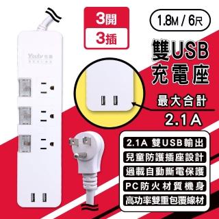 【Youly】台灣製 3開3插3P+雙USB防脫落延長線 1.8M