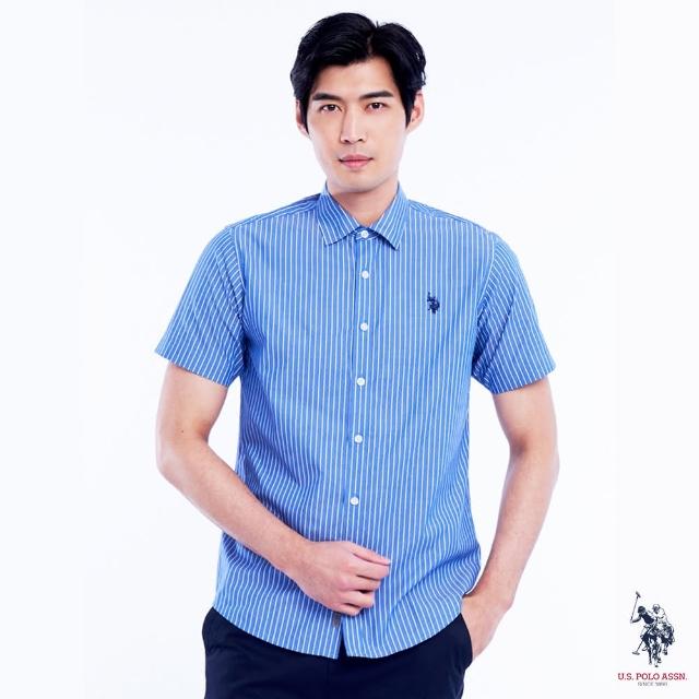 【U.S. POLO ASSN.】男款細格紋短袖襯衫-藍色條紋(休閒舒適)