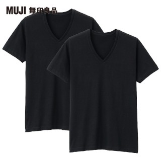 【MUJI 無印良品】男有機棉無側縫天竺V領短袖T恤/2入(黑色)