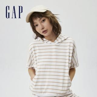 【GAP】女裝 厚磅密織 水洗棉系列 短版連帽短袖休閒上衣(840018-卡其條紋)