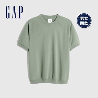 【GAP】男女同款 碳素軟磨 法式圈織系列 素色寬鬆短袖休閒上衣(808997-豆綠色)