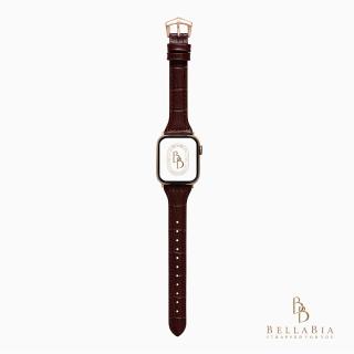 【BellaBia】Apple Watch 7/6/5/4/3/SE 38/40/41/42/44/45mm 鱷魚壓紋珍藏系列真皮錶帶(深棕/玫瑰金釦)
