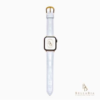 【BellaBia】Apple Watch 7/6/5/4/3/SE 38/40/41/42/44/45mm 鱷魚壓紋系列真皮錶帶(白/金釦)