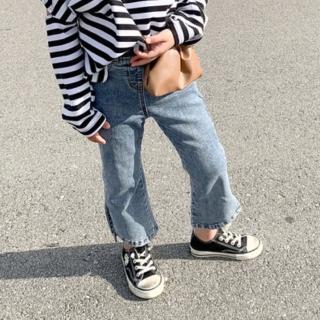 【橘魔法】鬆緊褲頭 復古刷色褲腳開岔牛仔喇叭褲(牛仔褲 喇叭褲 褲子 長褲 女童 兒童 童裝)