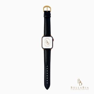【BellaBia】Apple Watch 7/6/5/4/3/SE 38/40/41/42/44/45mm 荔枝紋小牛皮系列(黑錶帶/金扣 真皮 錶帶)