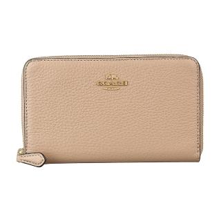 【COACH】COACH  金字LOGO荔枝紋牛皮8卡拉鍊中夾(灰褐)