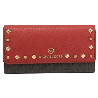【Michael Kors】經典滿版MK皮革鉚釘拼接三折零錢長夾(咖)