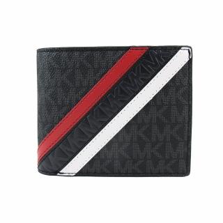 【Michael Kors】新款滿版LOGO帥氣斜紋八卡短夾-含一可拆式ID夾(黑灰紅白)