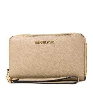 【Michael Kors】金字荔枝紋皮革拉鍊手掛式長夾/手機包-奶茶色