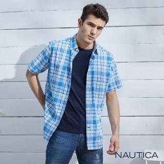 【NAUTICA】男裝 經典格紋短袖襯衫(藍)