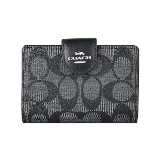 【COACH】COACH  Corner銀字LOGO緹花PVC 7卡釦式零錢中夾(炭黑x黑)