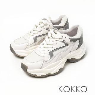 【KOKKO 集團】休閒瘋潮異材拼接真皮綁帶厚底老爹鞋(白X灰)