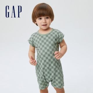 【GAP】嬰兒 布萊納系列 小熊刺繡短袖包屁衣/連身衣(869904-綠色棋盤格)