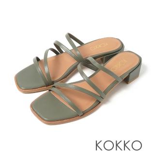 【KOKKO 集團】方頭柔軟手感綿羊皮細帶低粗跟涼拖鞋(綠色)