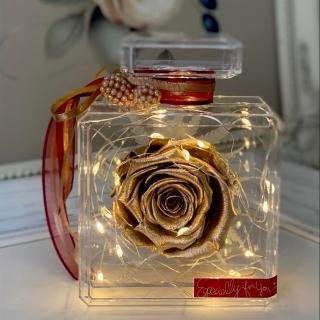 【OSTARA FLORIST 奧斯塔拉花藝】單朵永生玫瑰花香水瓶-金色(永生花、玫瑰花、節日、情人節、花禮、發光)