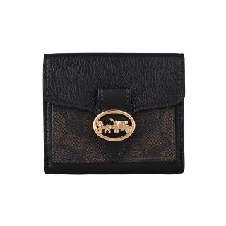 【COACH】COACH GEORGIE 金色馬車圓標LOGO牛皮8卡扣式雙折短夾(深咖啡)