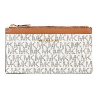 【Michael Kors】MICHAEL KORS  Jet Set金字LOGO緹花PVC拼接皮革9卡拉鍊卡片夾(大/香草白x橡子棕)