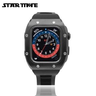 【STAR TIME】Apple Watch 4/5/6/SE 蘋果手錶保護殼/錶殼 黑框黑色矽膠錶帶(矽膠black-44mm)