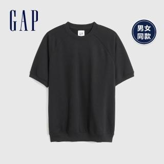 【GAP】男女同款 碳素軟磨 法式圈織系列 素色寬鬆短袖休閒上衣(808997-黑色)