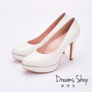 【DREAMS SHOP】MIT真皮減壓金屬沿條內防水台高跟鞋11cm 浪漫白(大尺碼女鞋 婚鞋 晚宴會 超高跟鞋)