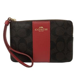【COACH】C  LOGO直紋零錢包/手拿包(深咖/紅)