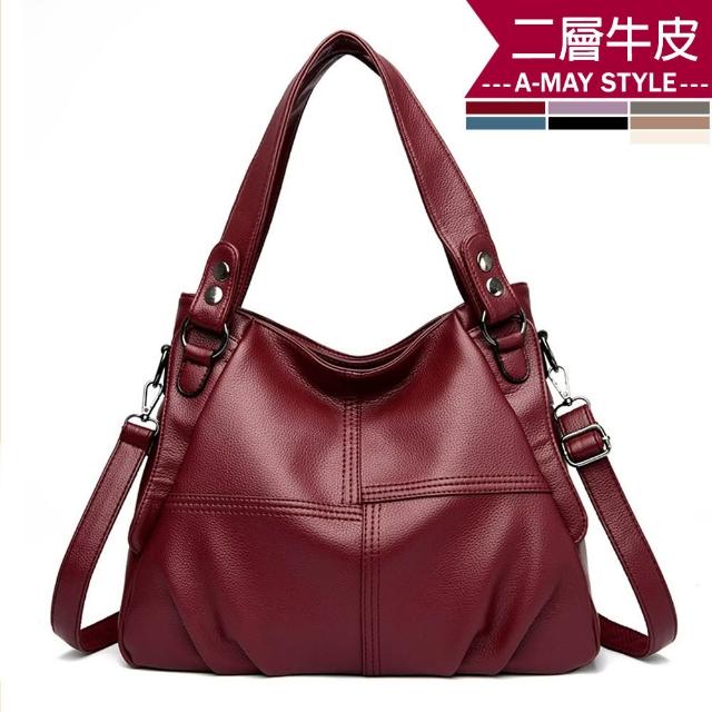 【Amay Style 艾美時尚】女包 真皮包 斜提包 質感拼接軟皮革大容量真皮手提肩背包(7色.現貨+預購)