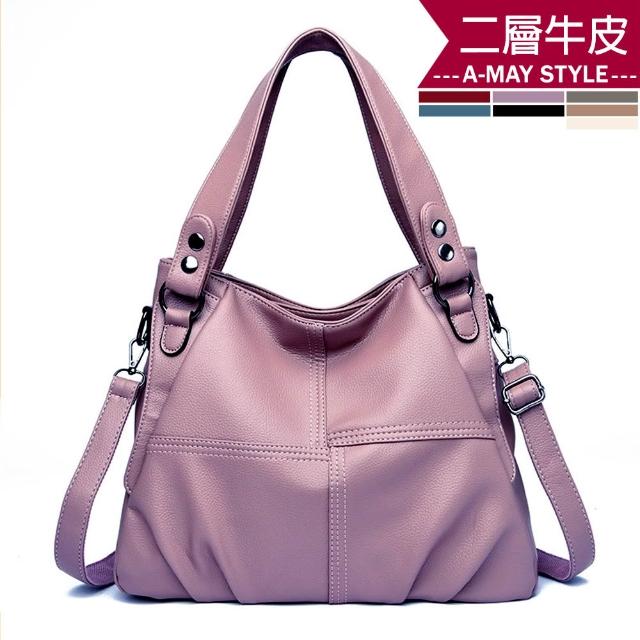 【Amay Style 艾美時尚】女包 真皮包 斜提包 質感拼接軟皮革大容量真皮手提肩背包(7色.現貨+預購)