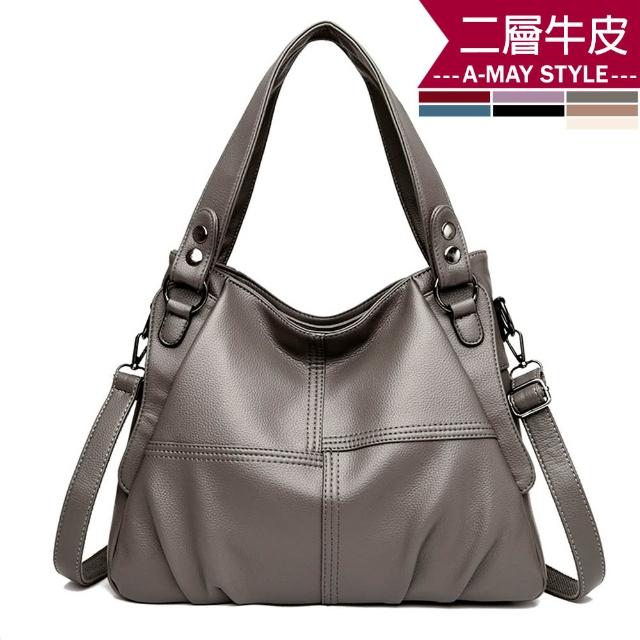 【Amay Style 艾美時尚】女包 真皮包 斜提包 質感拼接軟皮革大容量真皮手提肩背包(7色.現貨+預購)