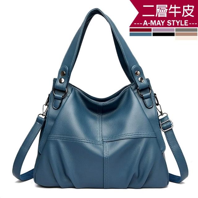 【Amay Style 艾美時尚】女包 真皮包 斜提包 質感拼接軟皮革大容量真皮手提肩背包(7色.現貨+預購)