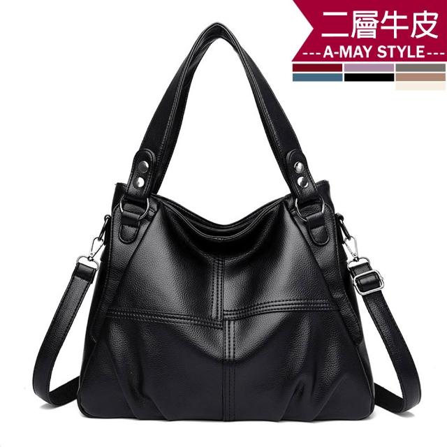 【Amay Style 艾美時尚】女包 真皮包 斜提包 質感拼接軟皮革大容量真皮手提肩背包(7色.現貨+預購)