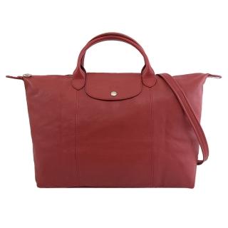 【LONGCHAMP】Le Pliage Cuir 折疊小羊皮短把兩用旅用包.深紅(大款 1630)
