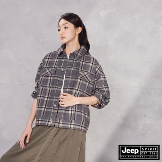 【JEEP】女裝 復古格紋毛呢寬版外套(灰色)