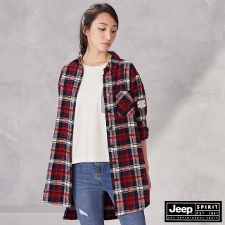 【JEEP】女裝 質感格紋休閒長版襯衫(紅色)