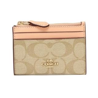 【COACH】PVC LOGO拉鍊證件零錢鑰匙包(淺卡其粉橘)