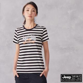 【JEEP】女裝 美式休閒印花條紋短袖T恤(黑色)