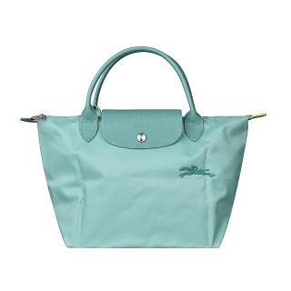 【LONGCHAMP】LONGCHAMP LE PLIAGE GREEN壓印LOGO再生尼龍短把拉鍊手提包(小/潟湖藍x藍)