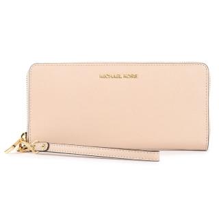 【Michael Kors】Jet Set Travel防刮皮革金LOGO拉鍊長夾手拿包(淺粉色)
