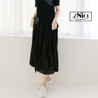 【iNio 衣著美學】拼接 假雙層 鬆緊腰 圓裙 長裙-現貨快出☆C2W2101